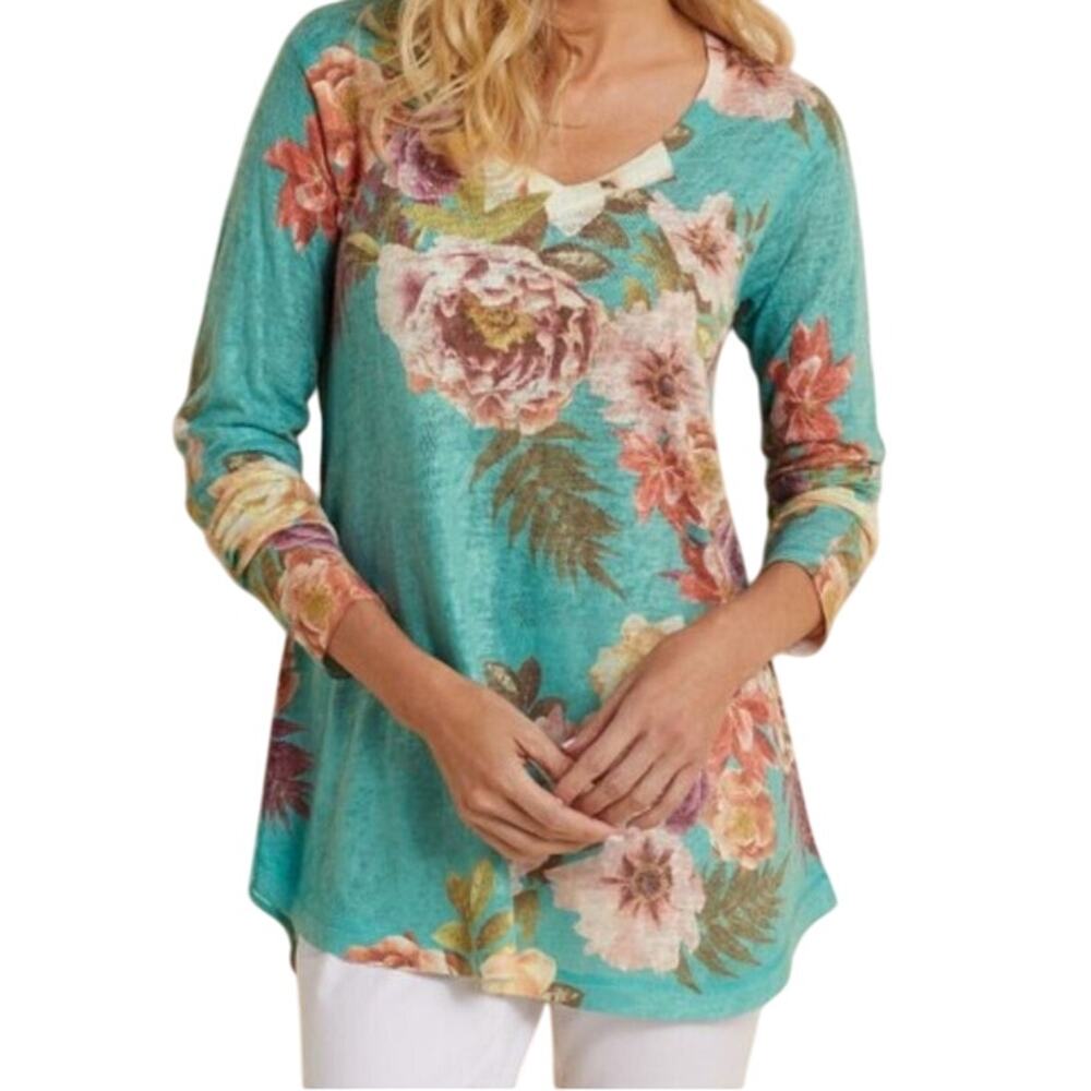 Soft Surroundings Teal Floral Tunic Sweater Top Size Petite Medium